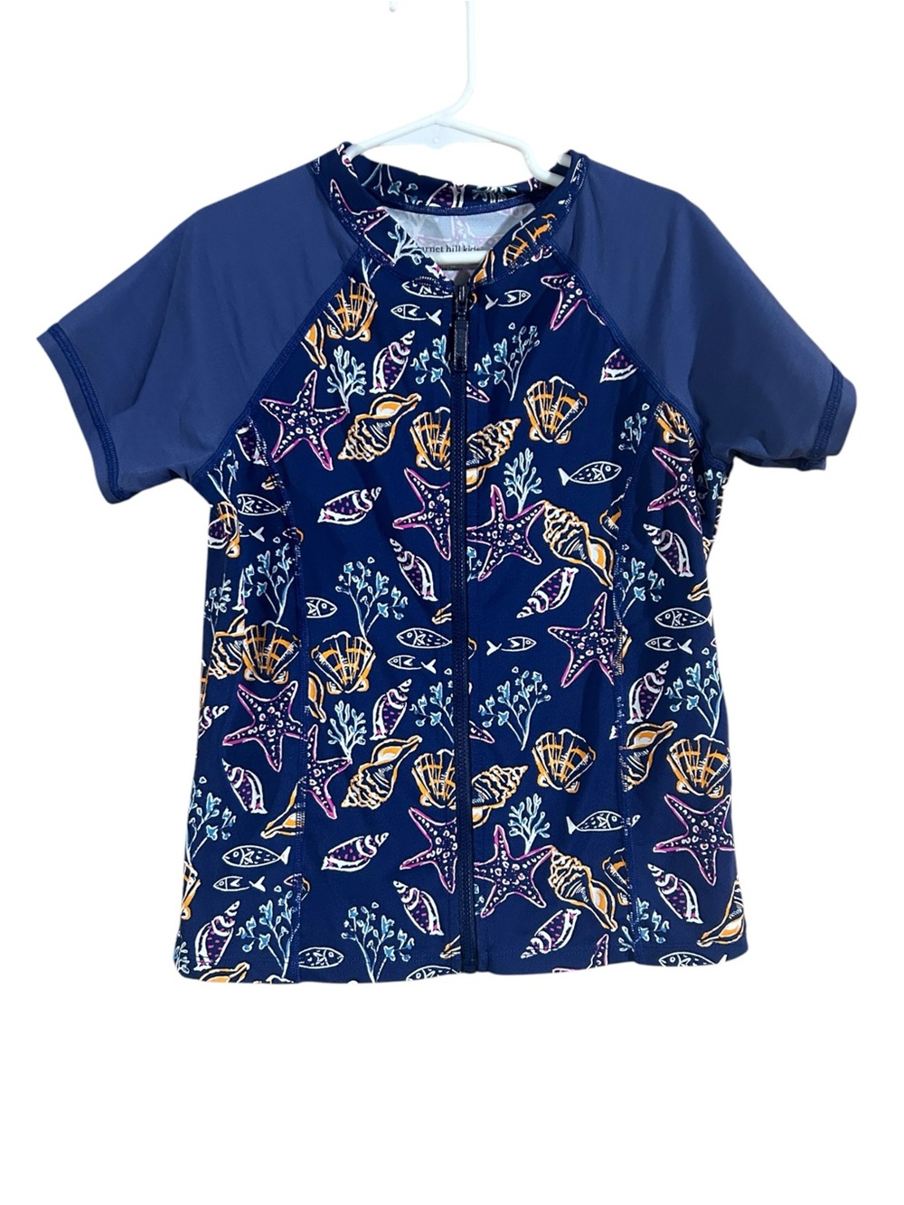 Garnet Hill Wave Rider Short Sleeve Zip-Front Rash Guard Sea Ceatures Blue SZ 8